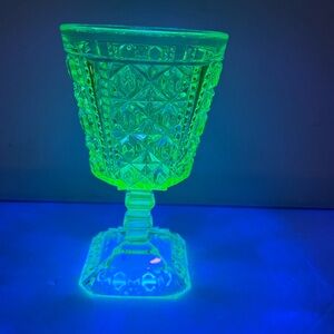 Antique 1880 Adams & Co Apple Green Uranium Glass Water Goblet Valencia Waffle.